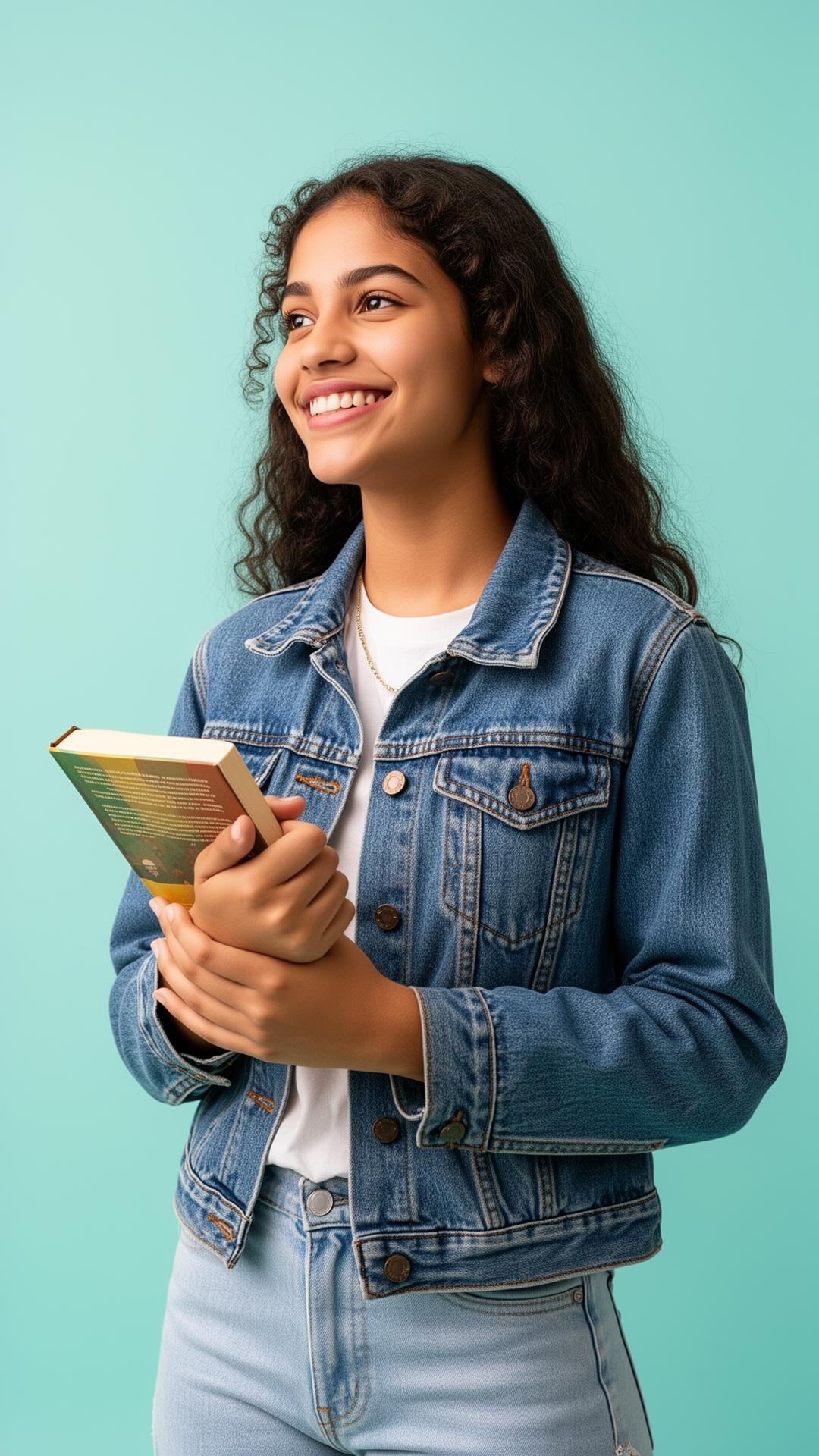 Aluna da PREMERE sorrindo, segurando livro